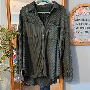 aerie Olive Green Waffle-Knit Button Cardigan